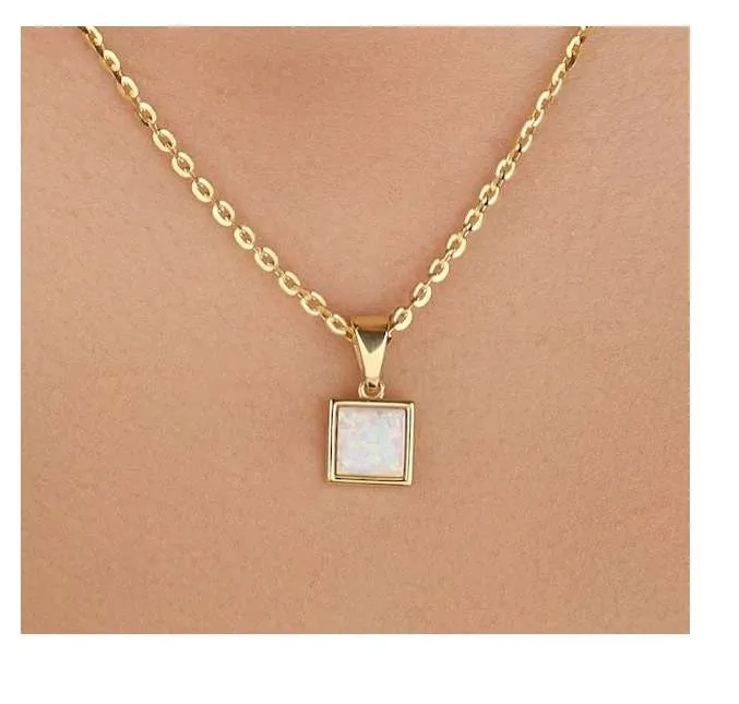 Business Meeting Jewelry Beautiful 1 Carat Princess cut Opal Solitaire Pendant Necklace in 18k Yellow Gold over Silver