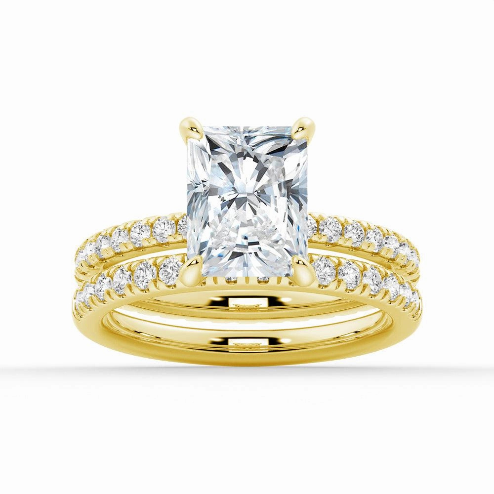 Fashionable Sparkle Subtle Mood Solitaire Radiant Cut Moissanite Ring Set with Matching Wedding Band