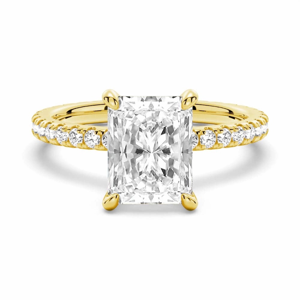 Radiant Cut Moissanite Engagement Ring With Eternity Pave Shank Weekend Glow Creative Finish