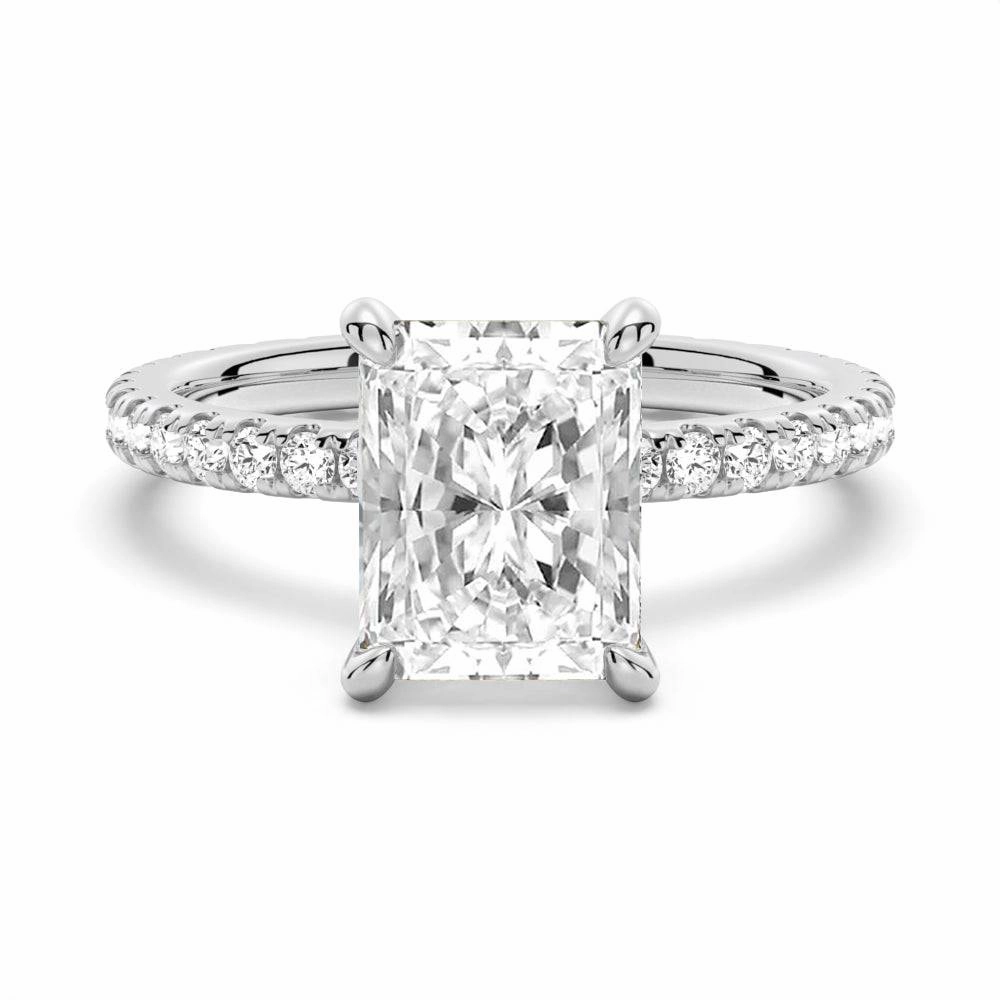 Radiant Cut Moissanite Engagement Ring With Eternity Pave Shank Multi Purpose