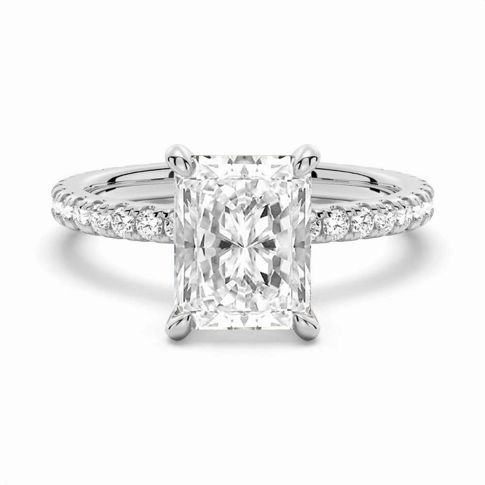 Starry Look Radiant Cut Moissanite Engagement Ring With Eternity Pave Shank