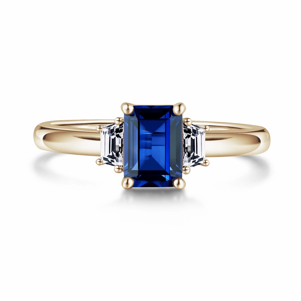 Emerald Cut Blue Sapphire and White Sapphire Three Stone Ring Luxury Appeal Ethereal Mood