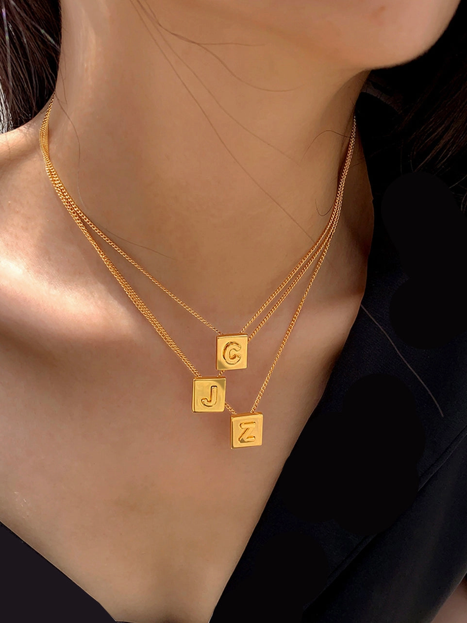 Parisian Initial Square Pendant Necklace 18K Sparkle Finish Timeless elegance