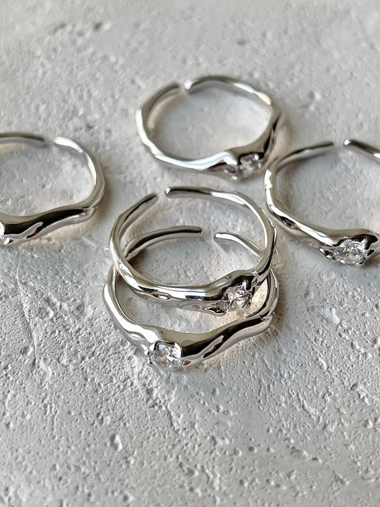 Natural Detail Sparkling Zirconia Open Stacking Ring S925 Silver Edgy Slim Ring