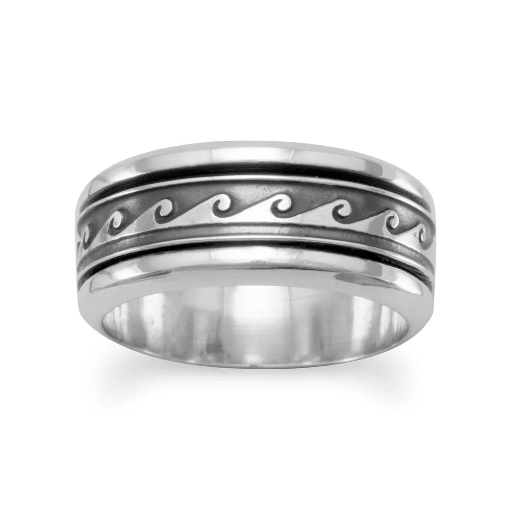 Textured Feature Spin Ring with Wave Design Mens Womens Sizes Antiqued Sterling Silver