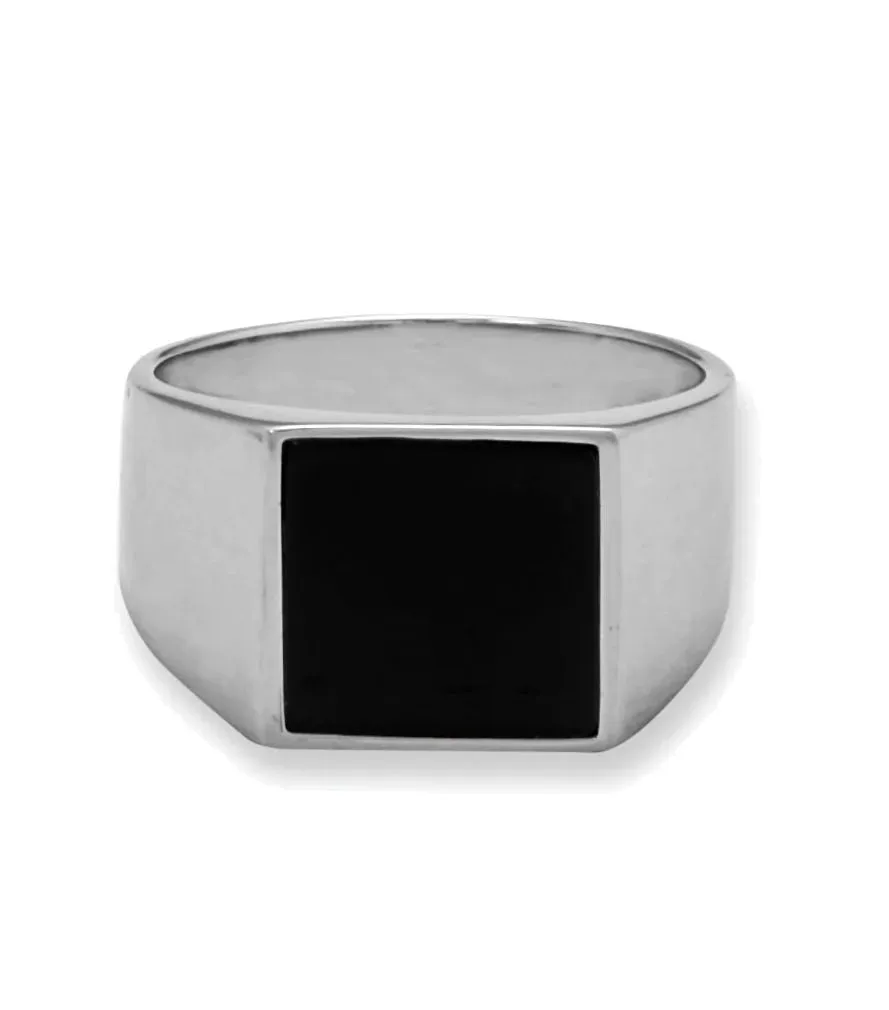 Refined Shine Radiant Piece Square Black Onyx Ring Mens Womens Signet Ring Rhodium on Sterling Silver