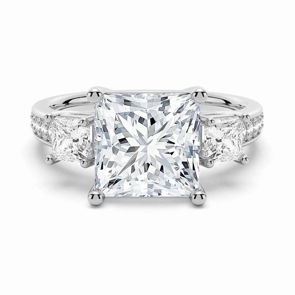 Three Stone Princess Shaped Moissanite Engagement Ring Relaxed Look