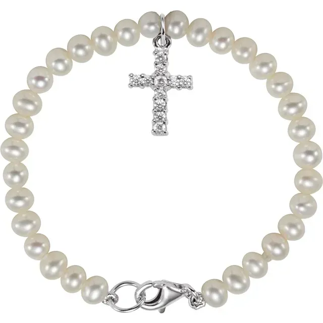 Wise investment Never-Ending Charm Sterling Silver Freshwater Pearl & Cubic Zirconia Cross 5.5" Bracelet