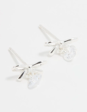 Sterling Silver Cubic Zirconia Bow & Drop Stud Earrings Simple Look