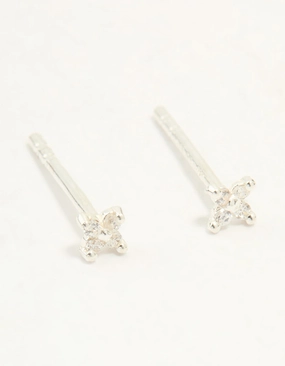 Polished Charm Sterling Silver Cubic Zirconia Micro Flower Stud Earrings