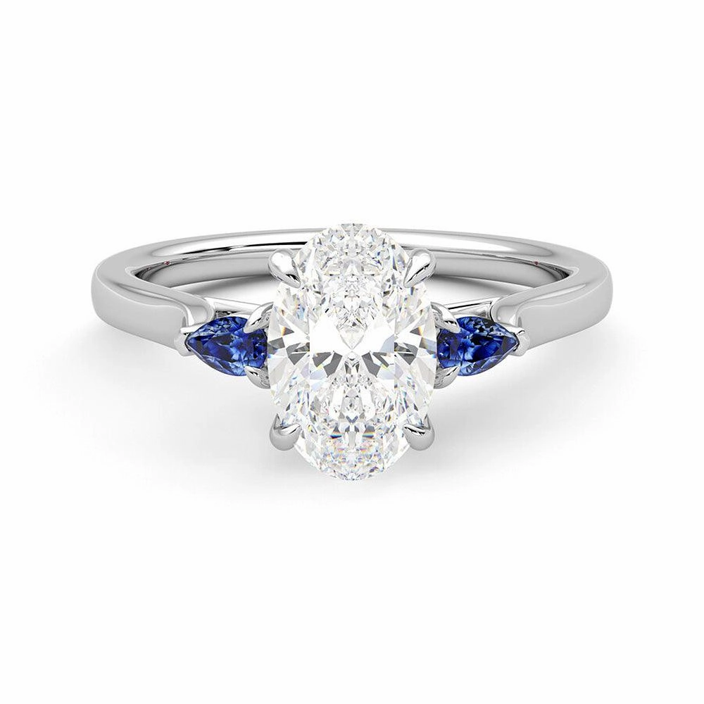 Three Stone Oval Cut Moissanite and Sapphire Engagement Ring with Hidden Anniversary Stone Accent Crisp Sparkle