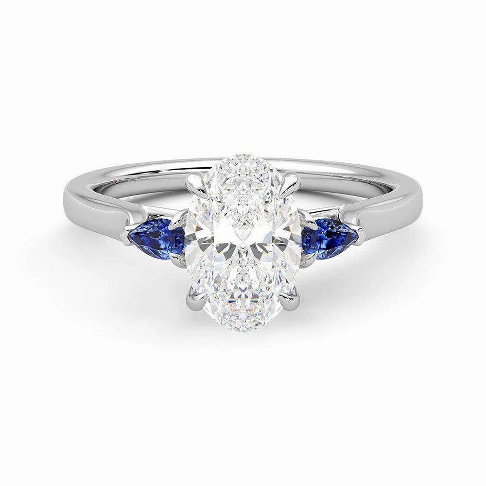 Three Stone Oval Cut Moissanite and Sapphire Engagement Ring with Hidden Anniversary Stone Accent Glowing Feature