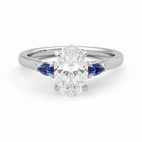 Simple Layer Three Stone Oval Cut Moissanite and Sapphire Engagement Ring with Hidden Anniversary Stone Accent