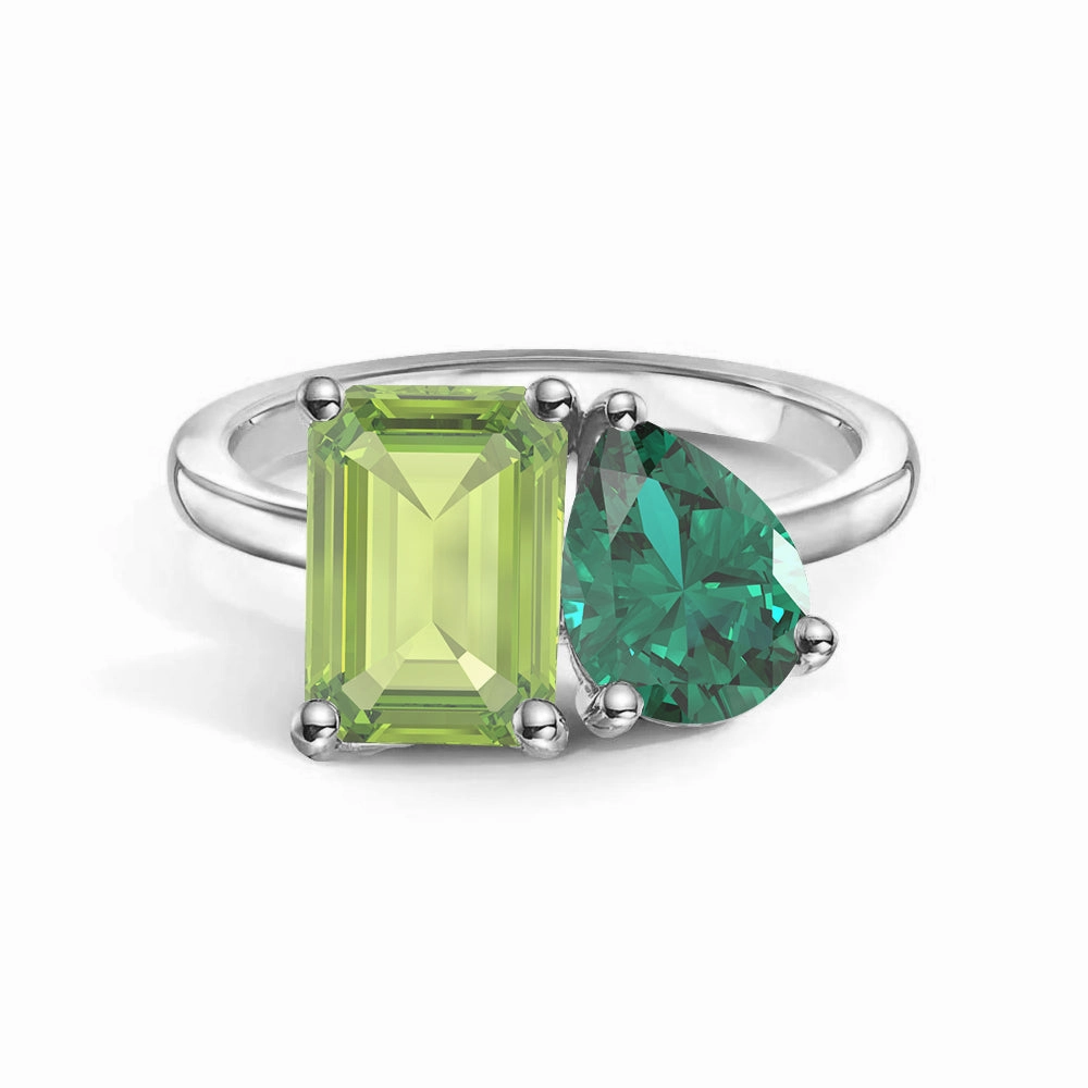 Precious Craft Simple Edge Toi et Moi Personalized Peridot Birthstone Anniversary Ring