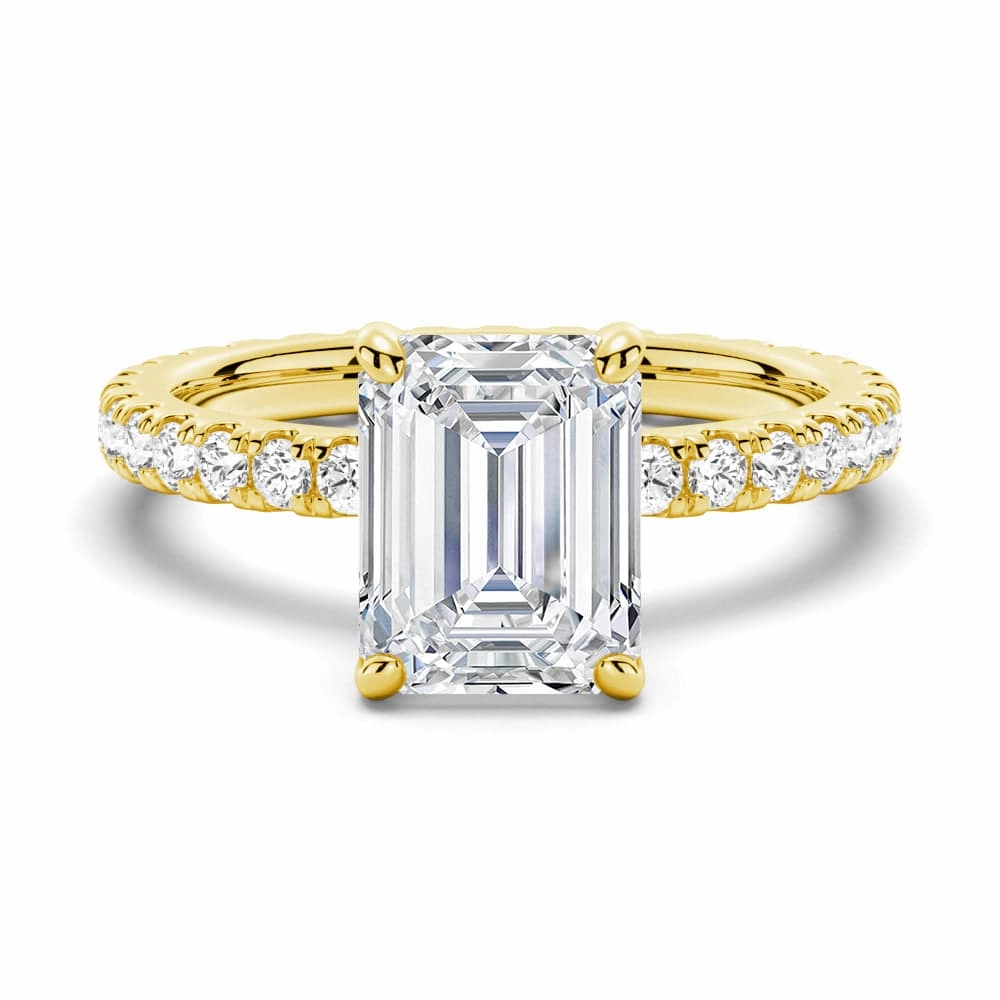 Emerald Cut Moissanite Engagement Ring With Eternity Pave Band Light Radiance Day Look