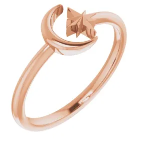14K Rose Crescent Moon & Star Negative Space Ring Comfortable Expression