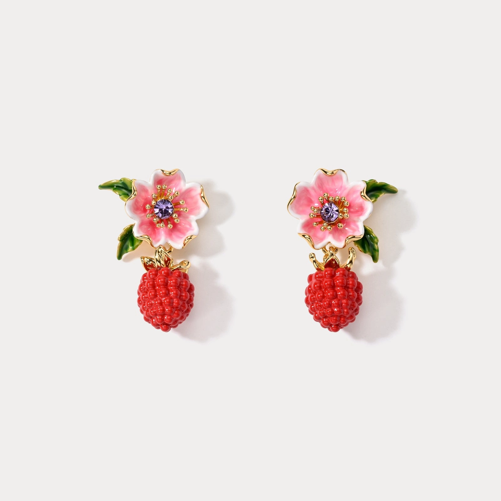 Raspberry Flower Enamel Earrings Square Piece Daily Piece