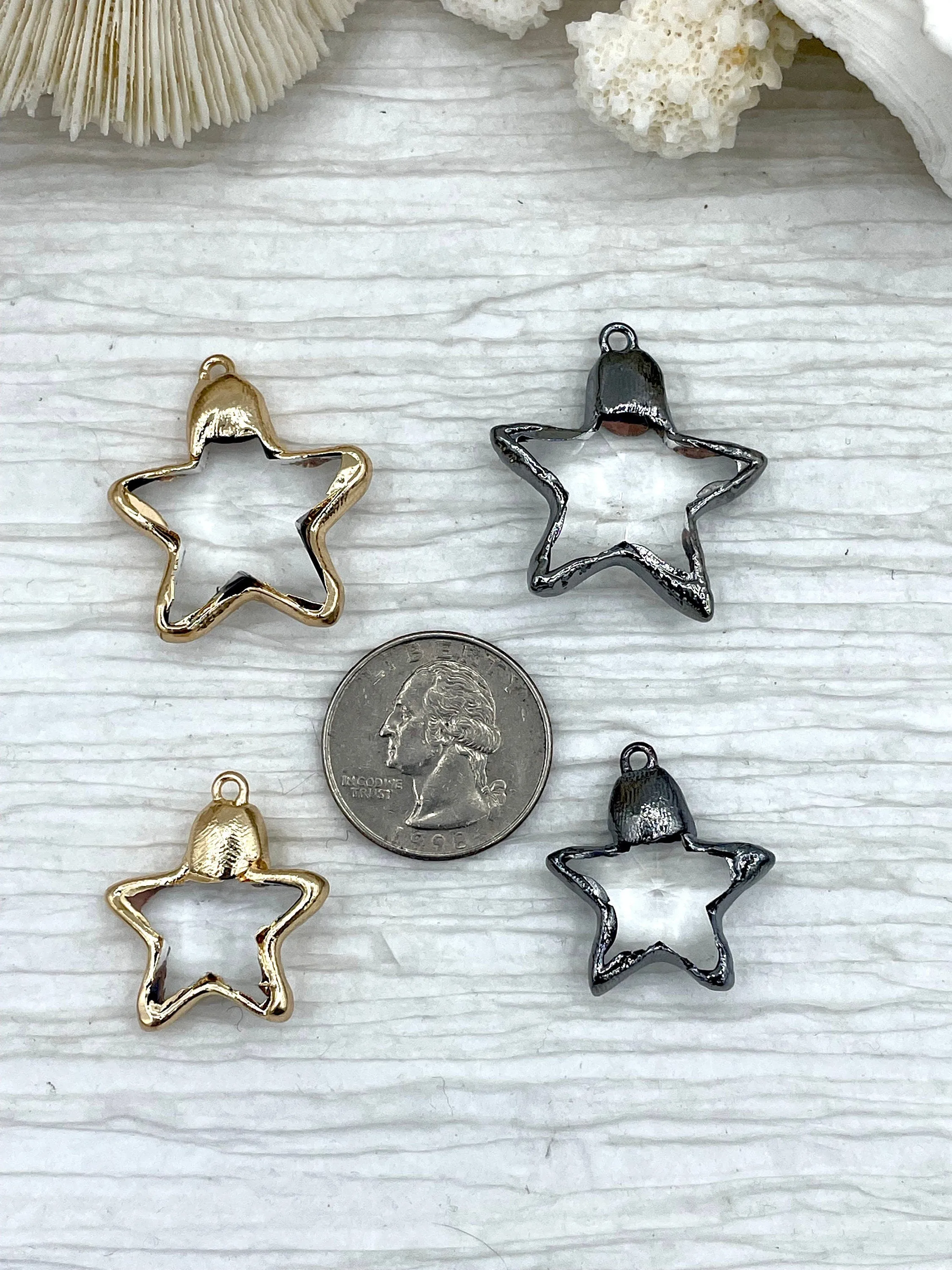 Crystal Gold and Gunmetal Soldered Pendants and charms. Star Shape Crystal, 2 finishes and 2 sizes, medium or small. Fast Shipping Multiple Piece Item Gentle Finish