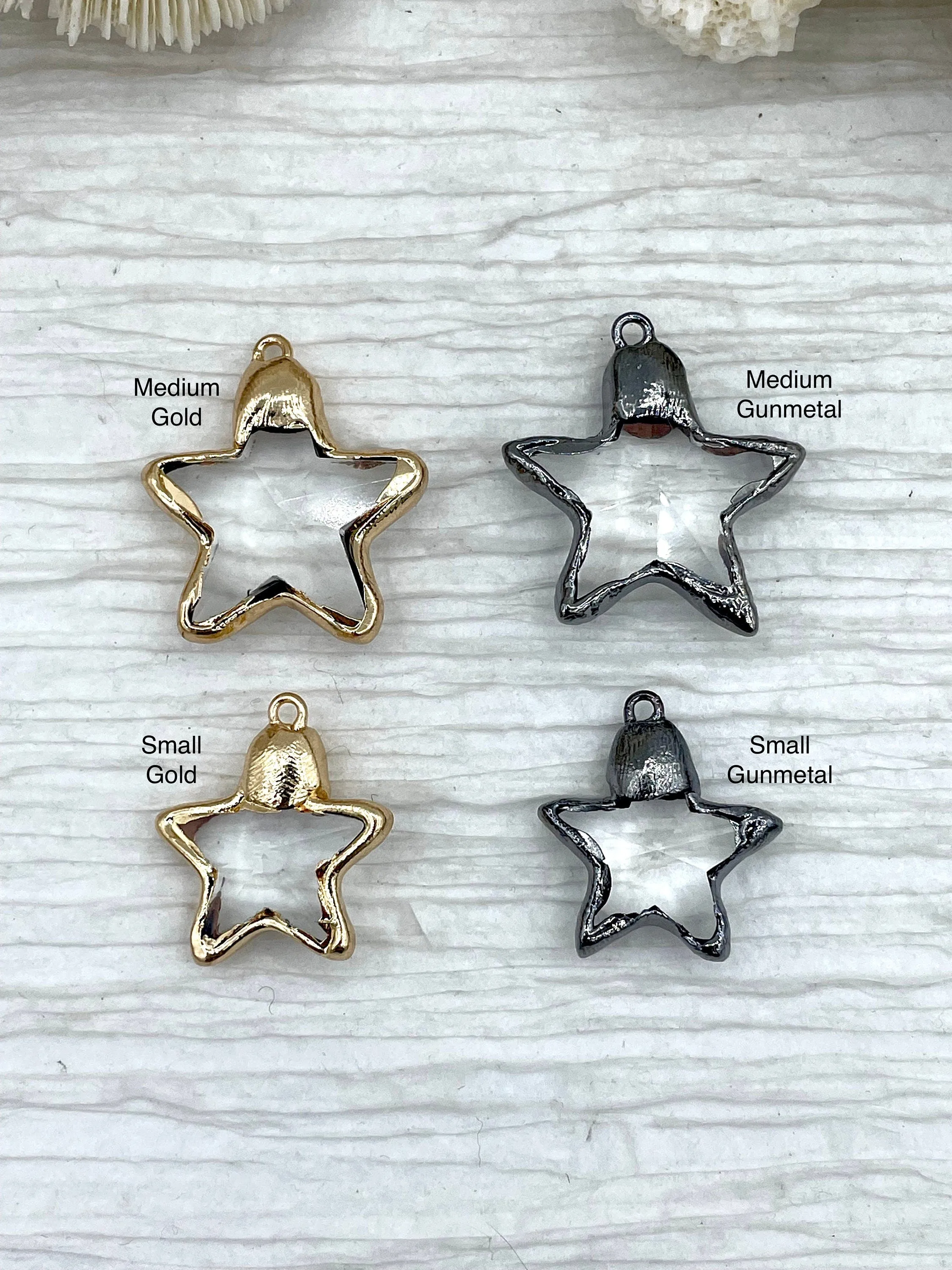 Crystal Gold and Gunmetal Soldered Pendants and charms. Star Shape Crystal, 2 finishes and 2 sizes, medium or small. Fast Shipping Modern Classic Stone Accessory