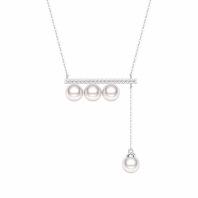 Exquisite Stones 6mm Freshwater Cultured Pearl Balance Beam Necklace with Moissanite Pav??