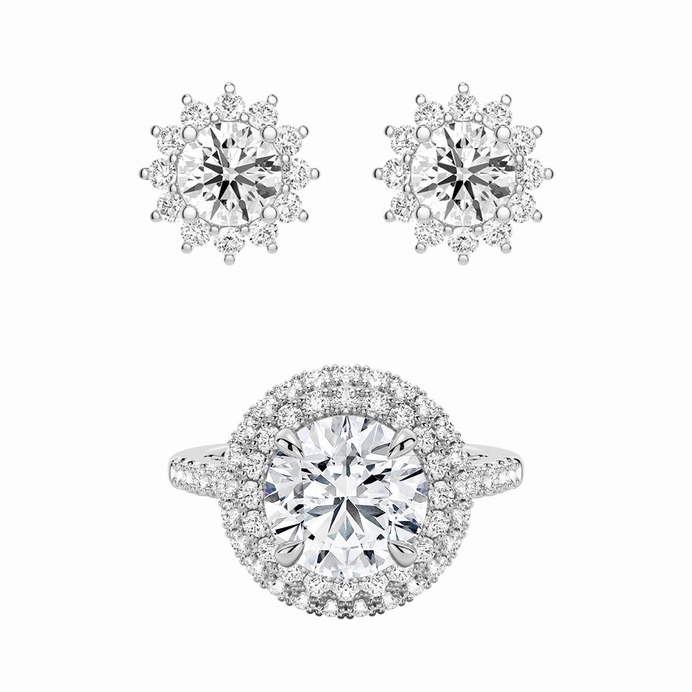 Double MicroPav?? Halo Rings And Sunflower Stud Earrings Set Refined Fashion