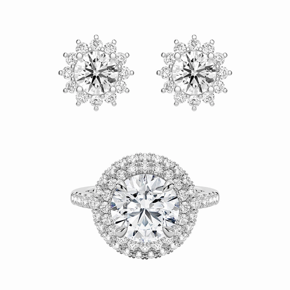 Natural Flow Double MicroPav?? Halo Rings And Sunflower Stud Earrings Set
