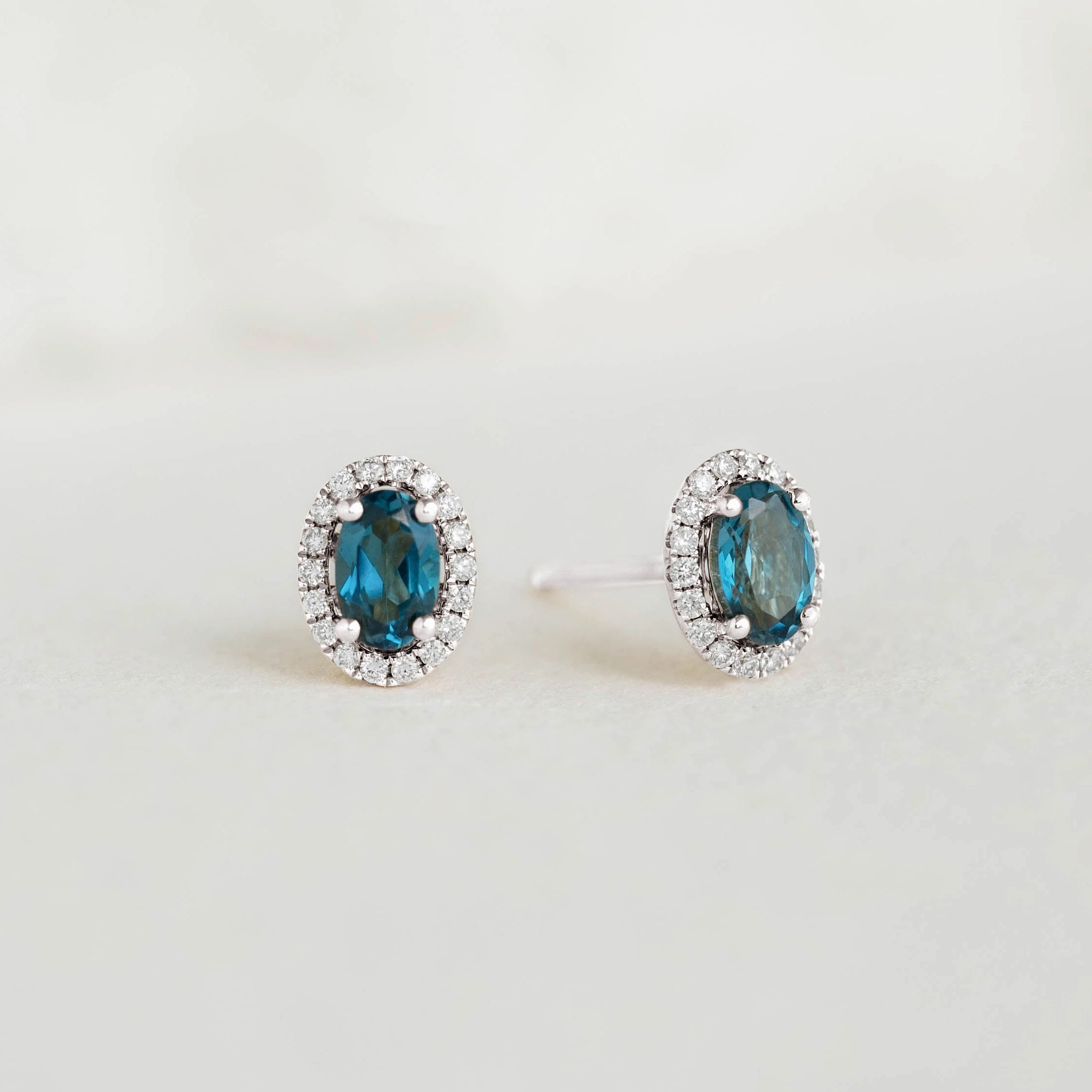 London Blue Topaz Halo Stud Earrings White Gold - Marzia Trendy Gift