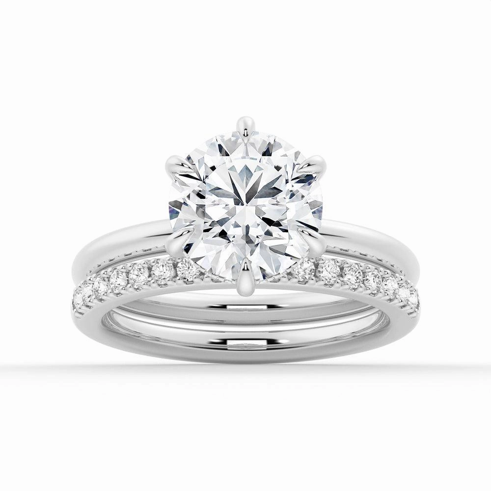 Lightweight Feel Timeless Style Six Prong Solitaire Hidden Halo Moissanite Ring Set with Matching Wedding Band