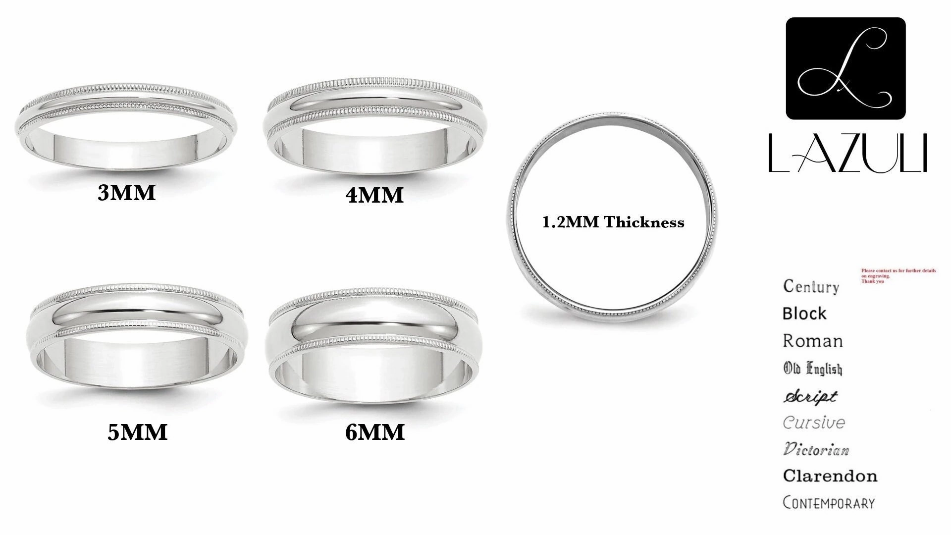 Charming Detail Bold Combo REAL COMFORT FIT 10K Solid White Gold 3mm 4mm 5mm 6mm Milgrain Men's and Women's Wedding Band Ring Sizes 4-14. Solid 10k Made in the U.S.