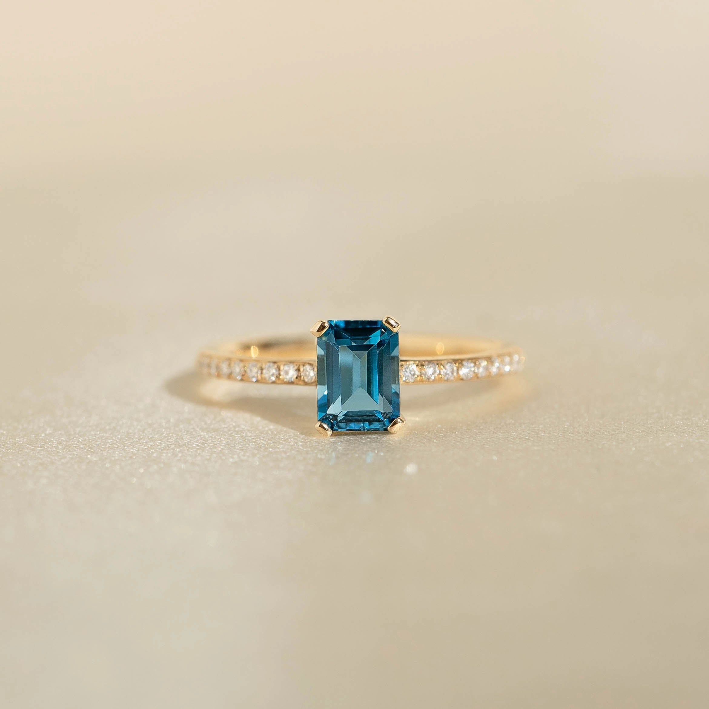 Soft Style Baguette London Blue Topaz and Diamond Ring 14k Gold - Safiya