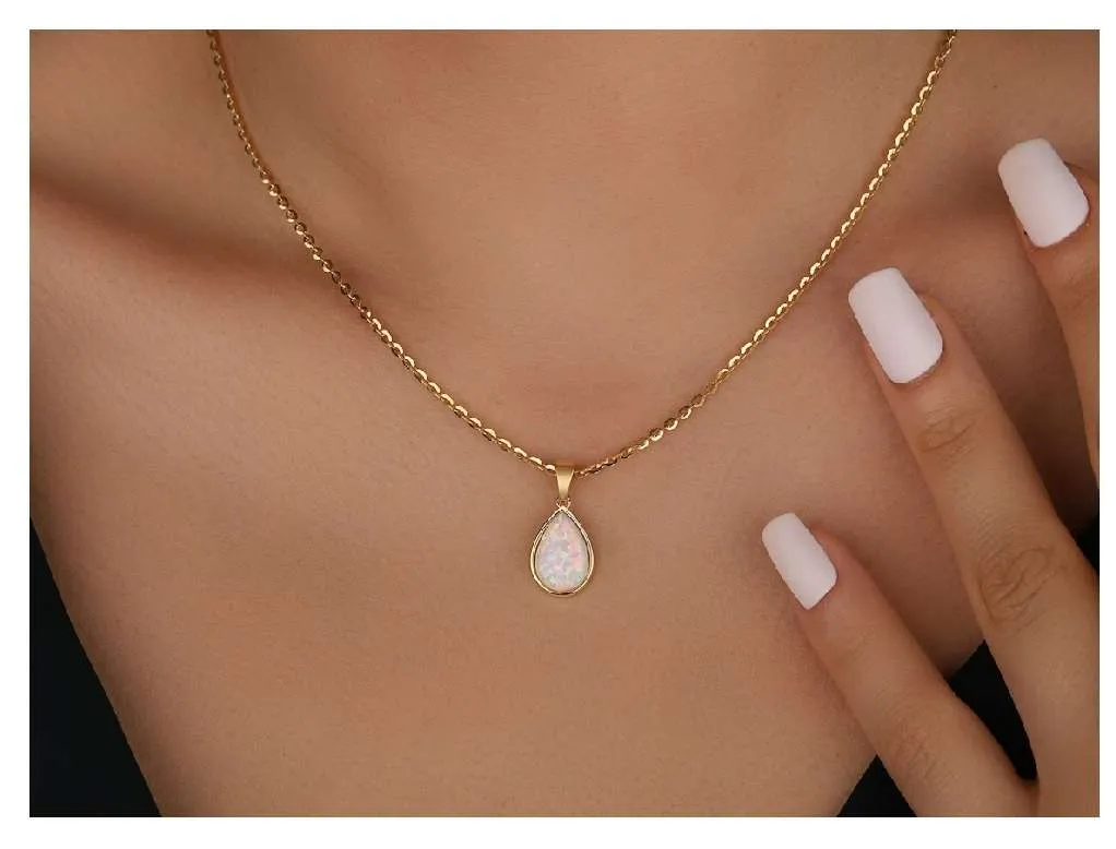 Lively Accent Romantic Accent Beautiful 1 Carat Pear Shape Opal Solitaire Pendant Necklace in 18k Yellow Gold over Silver