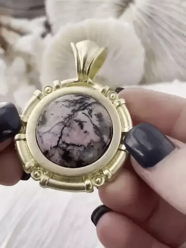 Pink Rhodonite Stone Pendant with Bezel, Natural Stone Pendant, Semi precious Pendant in a variety of patterns, 3 bezel colors, Fast Ship Pretty Adornment Trendy Ornament