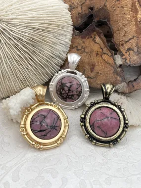 Pink Rhodonite Stone Pendant with Bezel, Natural Stone Pendant, Semi precious Pendant in a variety of patterns, 3 bezel colors, Fast Ship Fashion Lady