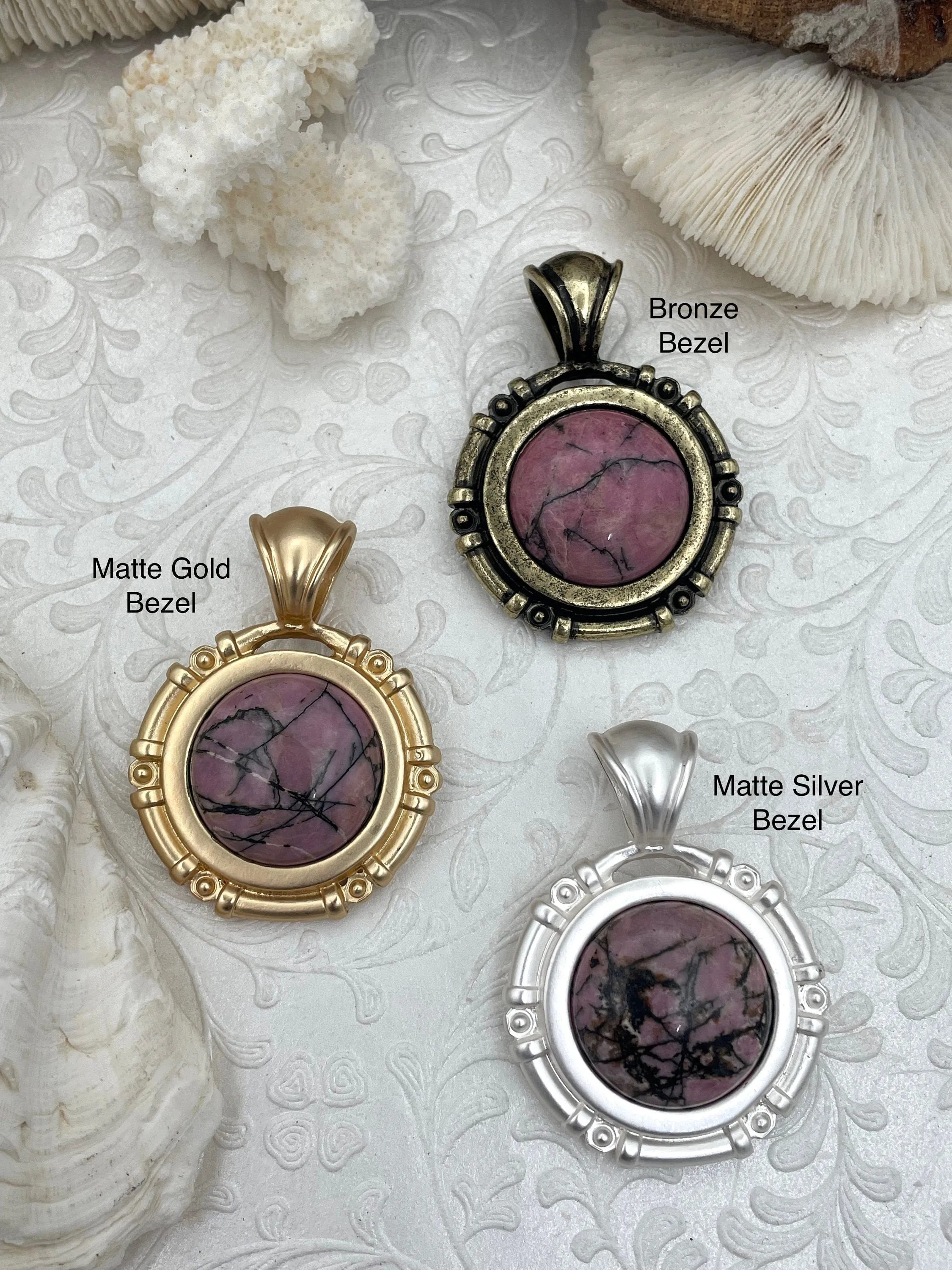Pink Rhodonite Stone Pendant with Bezel, Natural Stone Pendant, Semi precious Pendant in a variety of patterns, 3 bezel colors, Fast Ship Best Gift