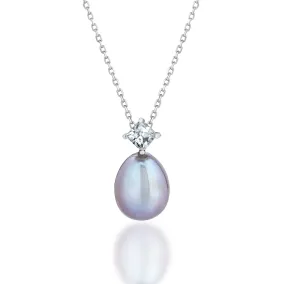 Signature Accessory Elegant Grey Akoya Pearl and Princess Cut Diamond with Prongs Pendant Necklace in 18K White Gold over Silver