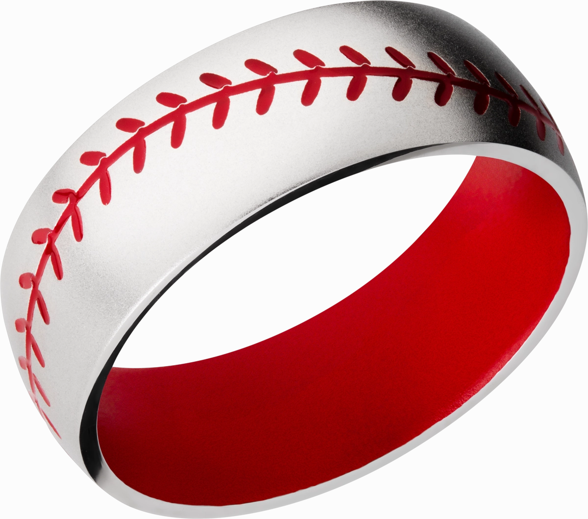 Cobalt chrome 8mm domed band with a red Cerakote sleeve and baseball stitching Glistening Glow Delicate Glam