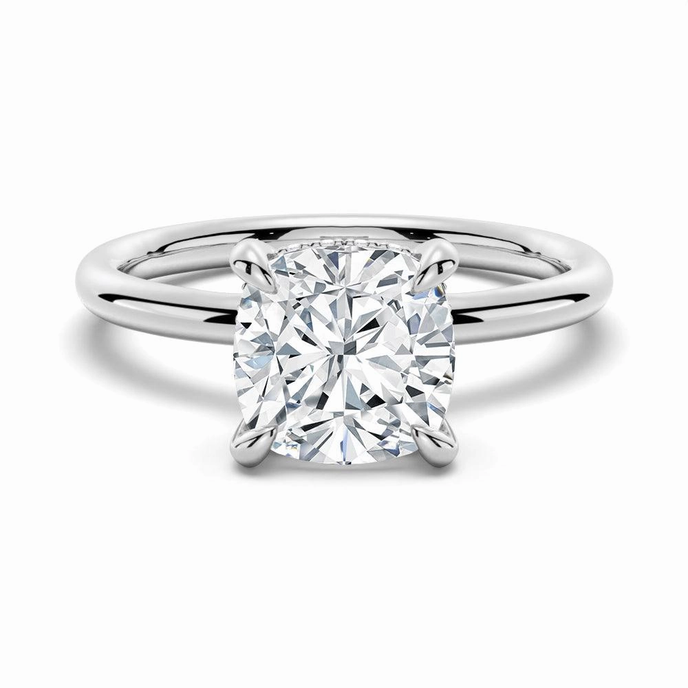 Cushion Cut Solitaire Moissanite Engagement Ring With Hidden Halo Exquisite Edge