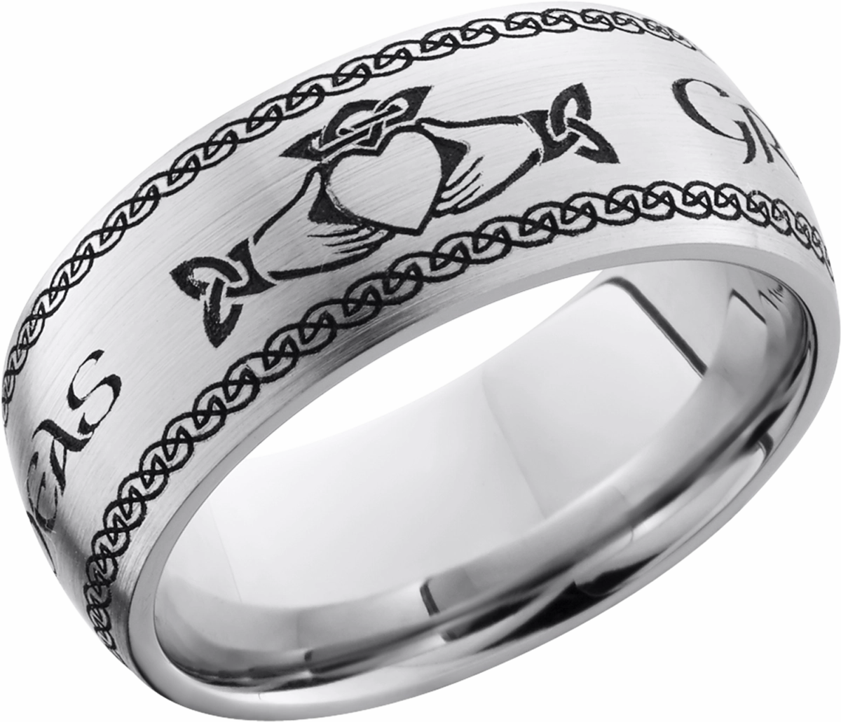 Timeless Impression Cobalt chrome 9mm domed band with a laser-carved Claddagh pattern