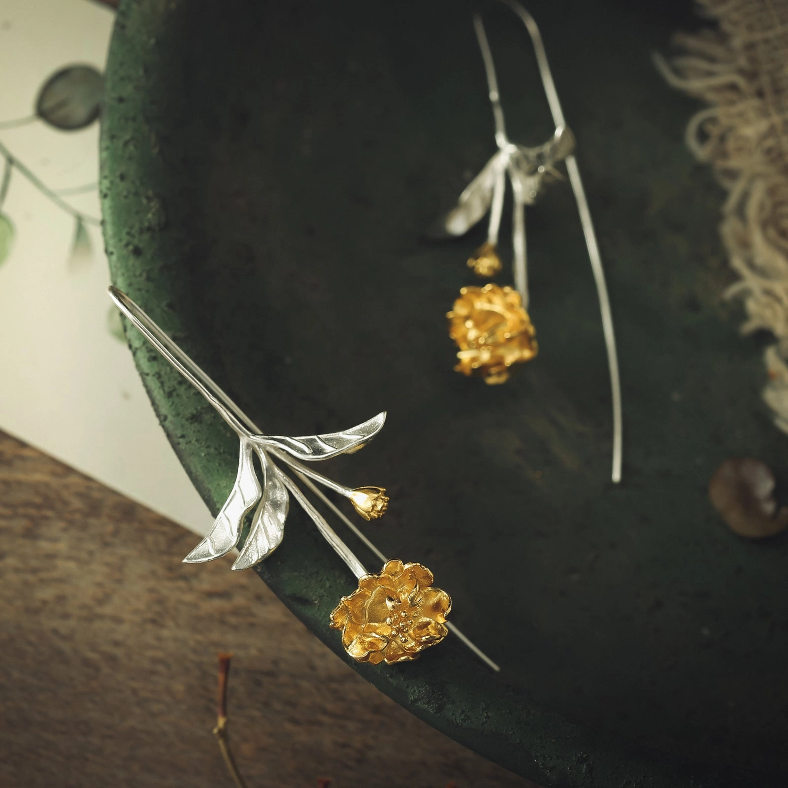 Ornate Embellishment Straight Embellishment Sakura Hook Earrings