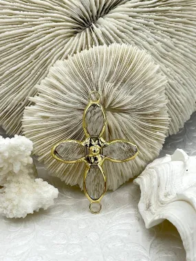 Perfect Adornment Crystal Gold Soldered Connector Pendant. Flower Shape Connector, Large Soldered  Crystal Charms, 50mm x 43mm, 10mm thick.  Fast Ship