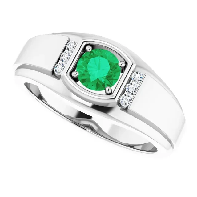 Platinum Emerald & .08 CTW Diamond Men's Ring Bold Sign