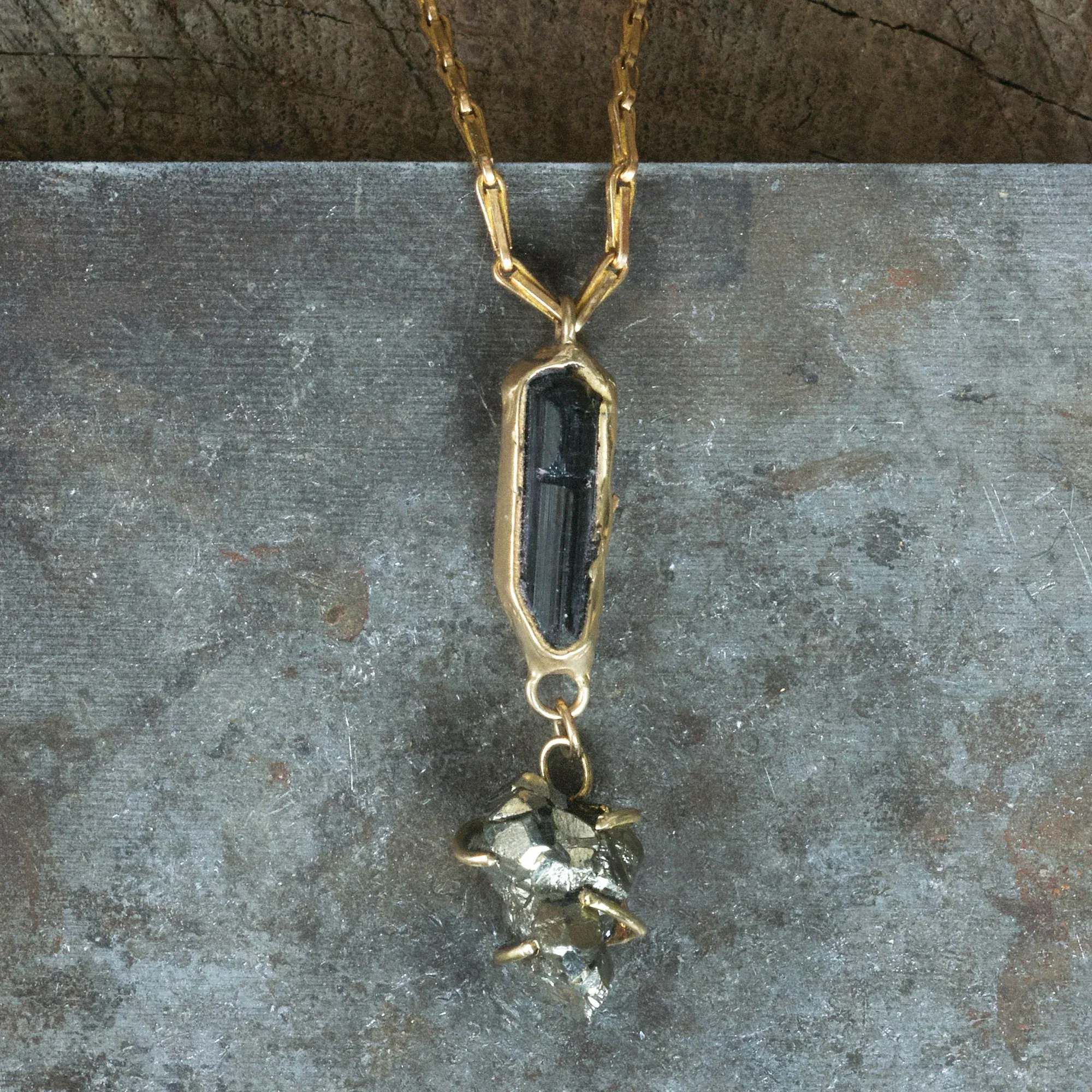 Supernova Pendant - Tourmaline, Pyrite   Brass Easy Match