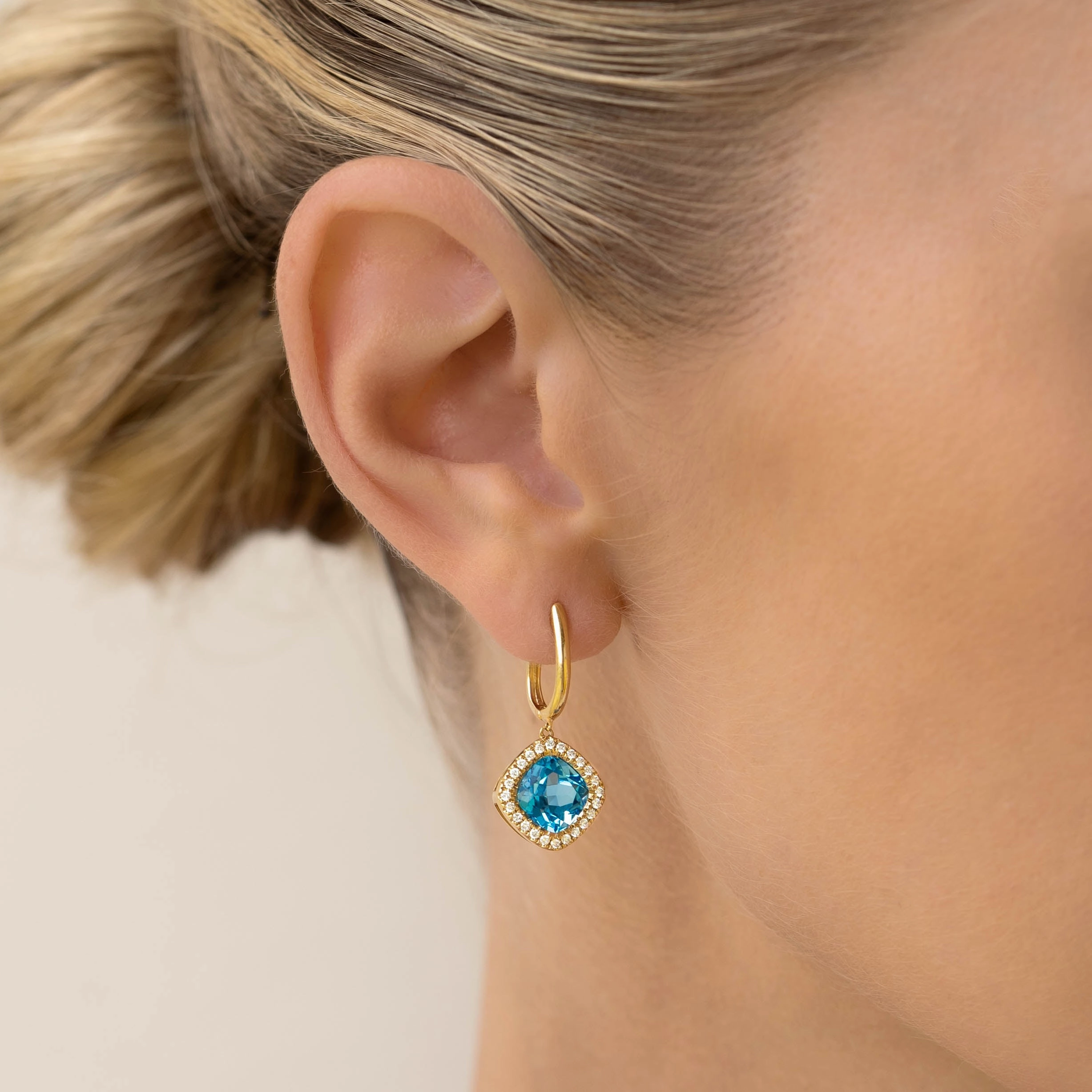 Glossy Accent Intricate Work Swiss Blue Topaz and Diamond Halo Drop Earrings 14k Gold - Elvira