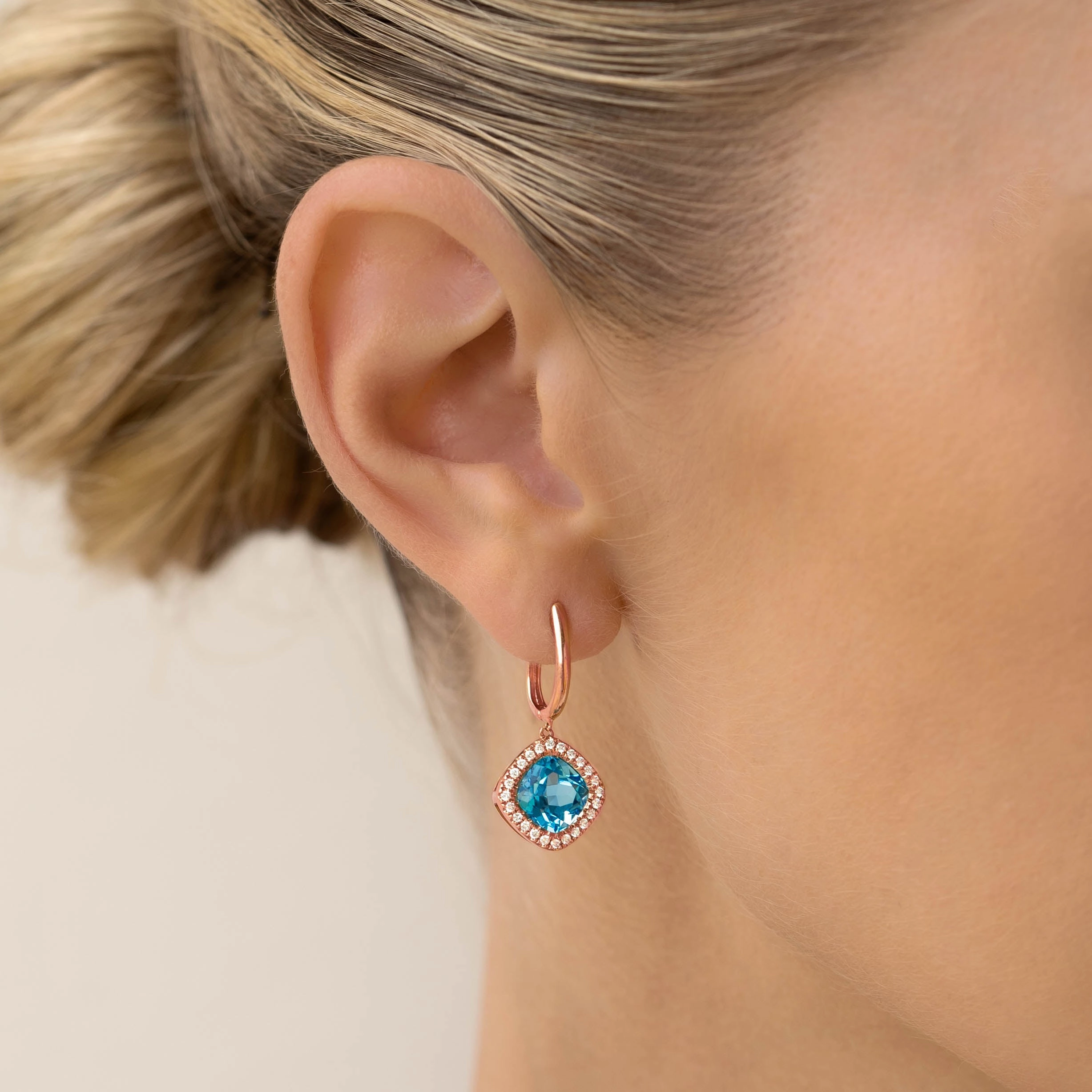 Swiss Blue Topaz and Diamond Halo Drop Earrings Rose Gold - Elvira gentle touch