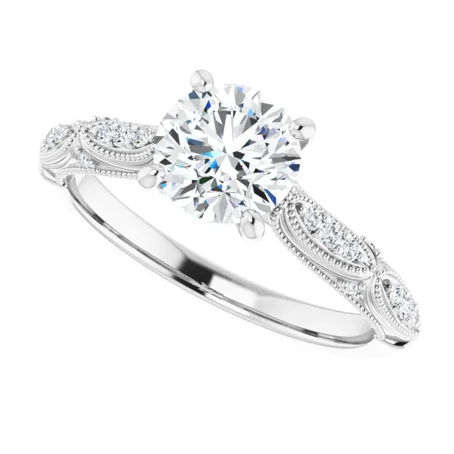 Vintage Look 14K White 6.5 mm Round Forever One Moissanite & 1/10 CTW Diamond Engagement Ring