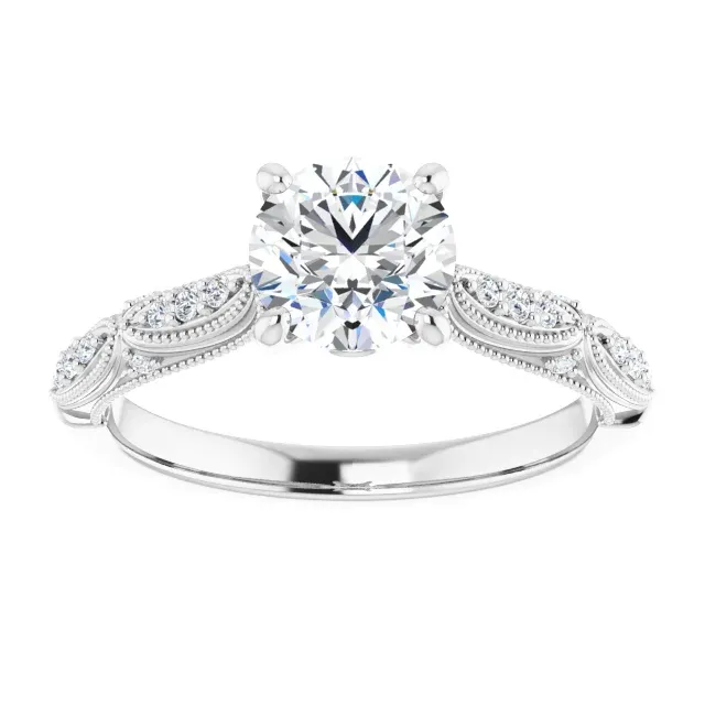 14K White 6.5 mm Round Forever One Moissanite & 1/10 CTW Diamond Engagement Ring Shiny Symbol Fantastic Design
