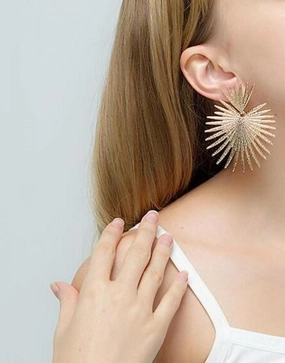 Monochrome Mood Juana Large Gold Celestial Earrings | Large Sun Star Dangle Earrings, Exaggerated Gold Statement Earring, Big Flower Drop Earrings, Sun Beam