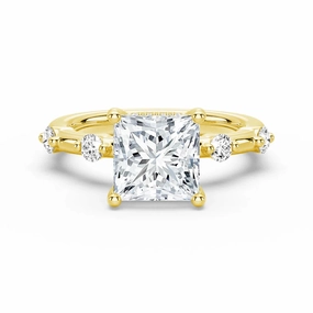 Princess Cut Moissanite Ring with Diamond Spaced Band and Hidden Halo Charming Touch
