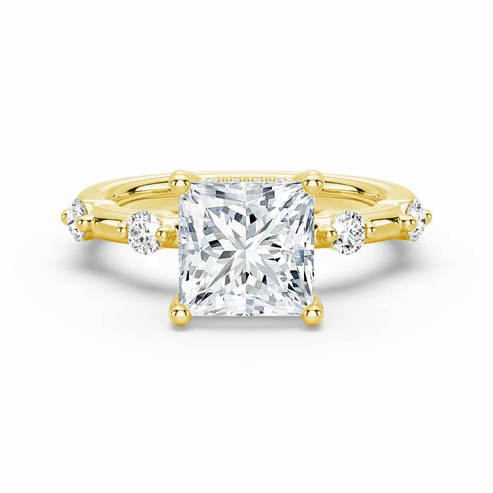 Princess Cut Moissanite Ring with Diamond Spaced Band and Hidden Halo Holiday Glow