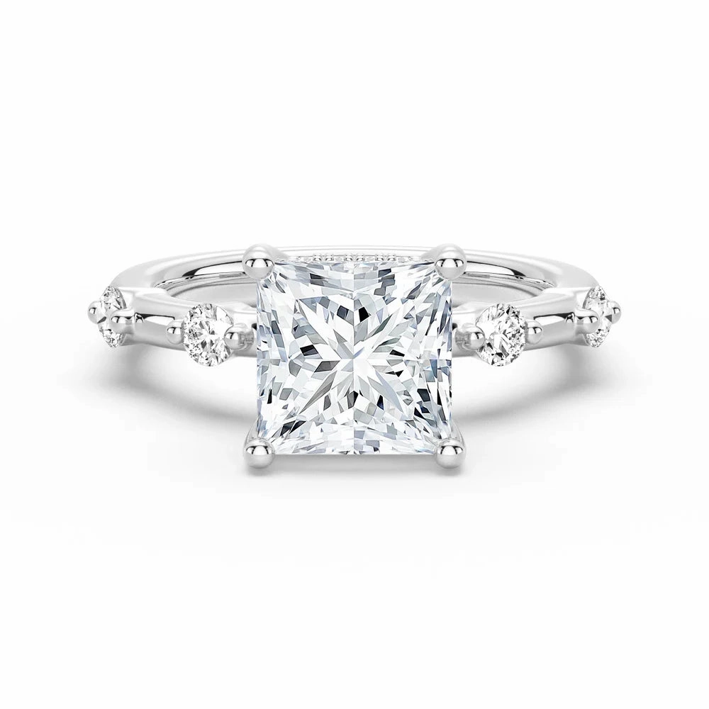 Camera Focus Lively Spirit Princess Cut Moissanite Ring with Diamond Spaced Band and Hidden Halo